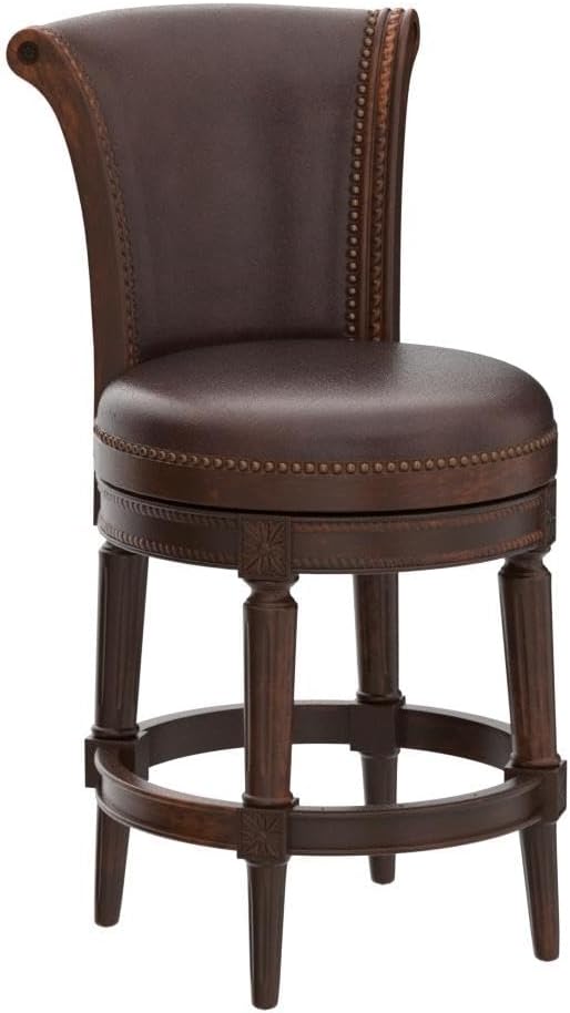 Maven Lane Pullman Counter Stool 26 Inches – Set of 4 – Swivel Stools with Footrest – Brown Solid Wood Frame & Brown Faux Leather Upholstery – Perfect for Kitchen Islands & Counters