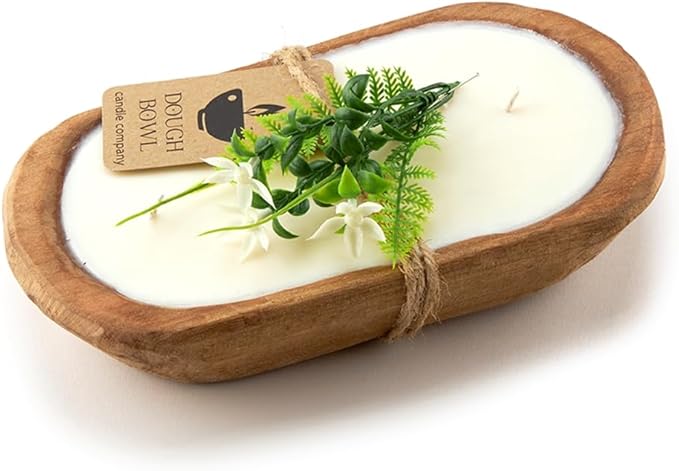 Dough Bowl Candle Co. Honeysuckle Jasmine Soy Candle - 3 Wick Rustic Farmhouse Coffee Table Decor, Odor Eliminator in Wooden Bowls, 20 Oz Wooden Dough Bowl Candle, All-Natural Gifts for Women or Men