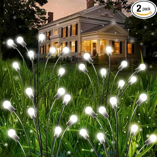 OZS 2 Pack Total 16 LED Solar Garden Lights Fairy Outdoor - Solar Firefly Lights Outdoor, Sway by Wind, Waterproof for Garden Patio Pathway Fairy Decoration (Cold White)