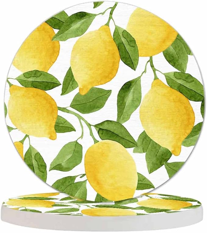 Bright Yellow Lemons Drink Coasters Modern Watercolor Fruit Fresh Food Sketch Housewarming Presentss for New Home Present for Friends,2 Pcs,4 X 4 X 0.35 Inches