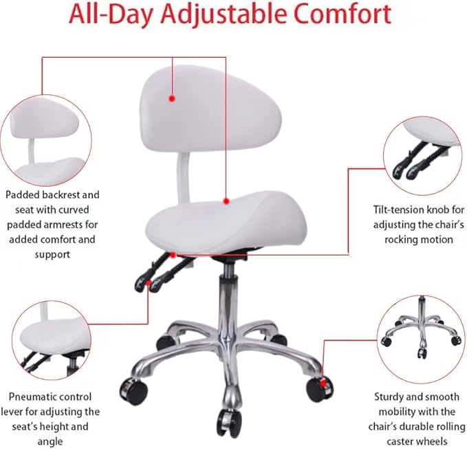 Saddle Stool Chair with Back Rolling Esthetician Seat for Salon Tattoo Shop Spa Facial lash Home Dentist Clinic Esthetician Chair(with Back Support, White)