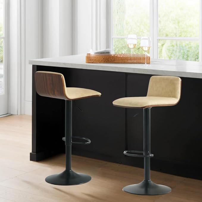 Set of 2 Swivel Bar Stools Adjustable Height, Faux Leather Barstools with Wooden Back and Footrest, Counter Height Bar Height Chairs for Kitchen Island, Dining Room, Beige