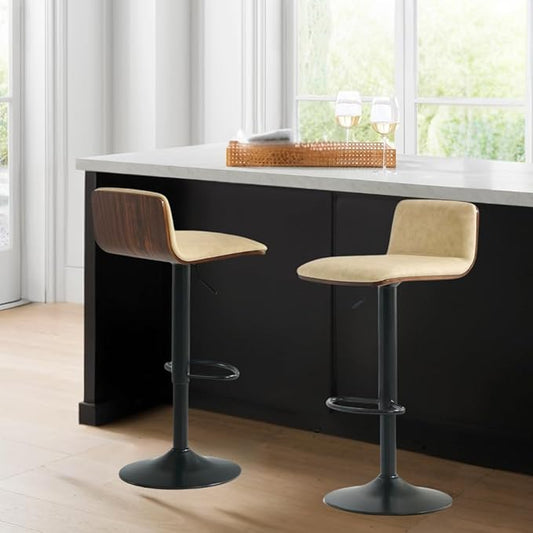 Set of 2 Swivel Bar Stools Adjustable Height, Faux Leather Barstools with Wooden Back and Footrest, Counter Height Bar Height Chairs for Kitchen Island, Dining Room, Beige