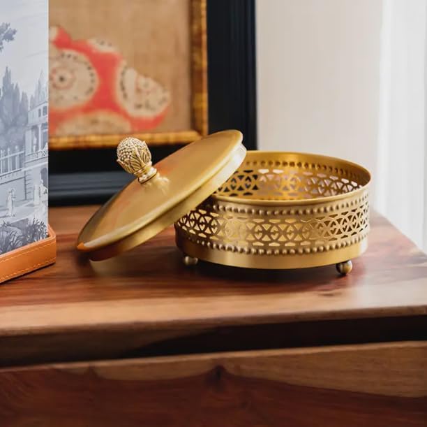 Gold Brass Decorative Boxes With Strawberry shape Handles, Jewelry Boxes Modern Storage Boxes，Round Hammered Metal Container, Brass Finish