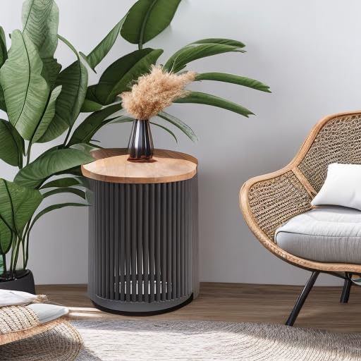 SIMPLIHOME Demy 18-inch Wide Metal and Solid Mango Accent Table in Natural/Black, Round Side Table with Mango Wood Top for Living Room or Bedroom, Industrial Style, Assembled