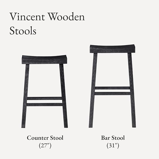 Maven Lane Kitchen Bar Stool, Modern Farmhouse Wood Counter Barstool, Kitchen Island Stool, Counter Height Bar Stools for Kitchen, Wide Seat Backless Bar Stools, Vincent 26", Antiqued Black, Set of 3
