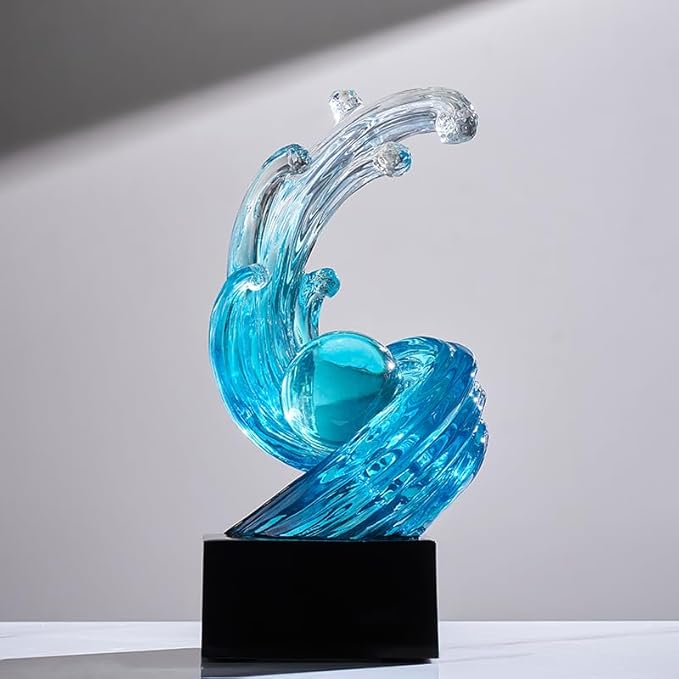 Modern Abstract Decorative Wave Statue, Blue Abstract Art Home Decor,Crystal Ball Art Wave Resin Sculpture, Office Desk Stand, Dining Table Center Decorative Aesthetics(B,Light-Blue)