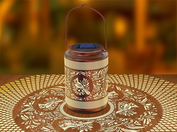 Solar Lantern with Hollow Metal Design, Garden Hanging Light, Copper Color for Outdoor Yard,Patio,Garden Decor (1)