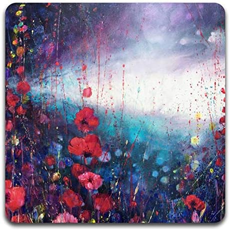 Watercolor Red Flowers Square Coaster Set - Made of Recycled Rubber - Set of 4