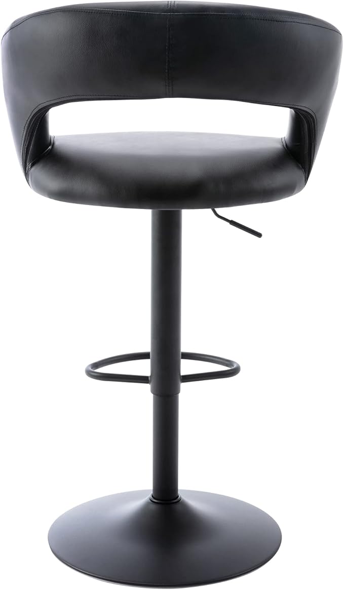 Brage Living Wide Bar Stool, Modern PU Leather Swivel Adjustable Barstool with Hollow Back and Arms, Upholstered Airlift Counter Height Bar Chair for Kitchen Dining (Black, Matte Black Base)