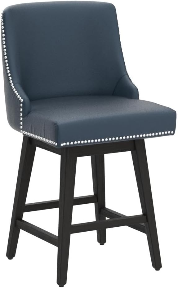 CHITA Counter Height Swivel Bar Stools Set of 2, FSC Certified Upholstered Counter Stools, Modern Swivel Barstools with Wood Legs for Kitchen Island, 26" Seat Height, Faux Leather in Blue