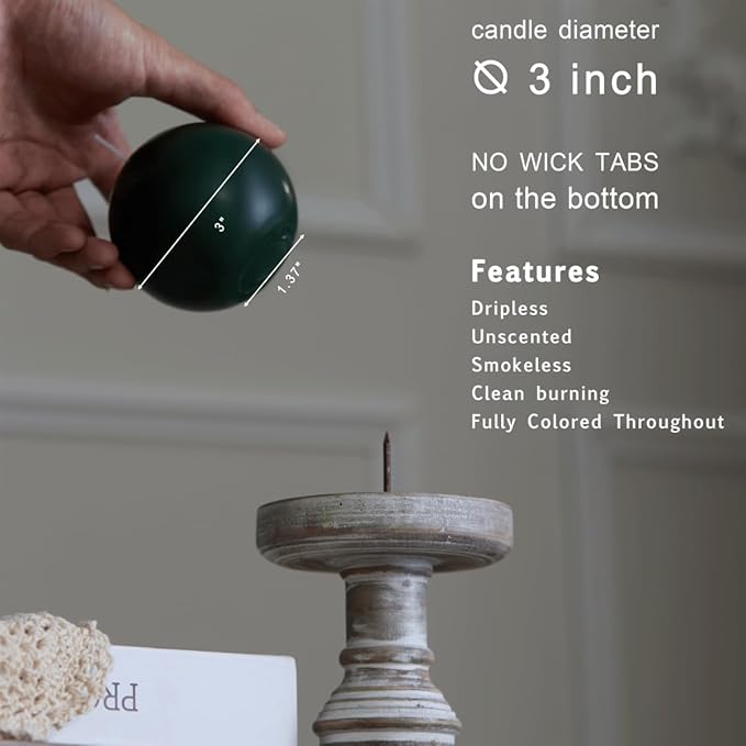 MOZEAL Hand-Poured, 3 Inch Dark Green Round Ball Candles - Elegant Dark Green Round Pillar Candles Set of 3, Dripless, Unscented, Smokeless, Ideal for Christmas Decor.