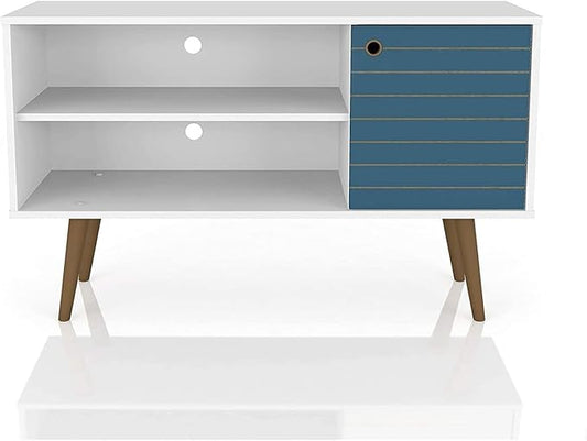Manhattan Comfort Liberty Mid Century Modern TV Stand for Televisions up to 46 Inches, Bedroom and Living Room Entertainment Center with Storage, Shelves, and Cabinet, 43" Wide, White/Aqua Blue