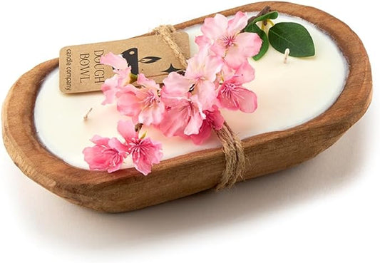 Dough Bowl Candle Co. Cherry Blossom and Citrus Soy Candle - 3 Wick Rustic Farmhouse Decor Odor Eliminator in Wooden Bowls, 20 Ounce Wooden Dough Bowl Candle, All-Natural Gifts for Women and Men