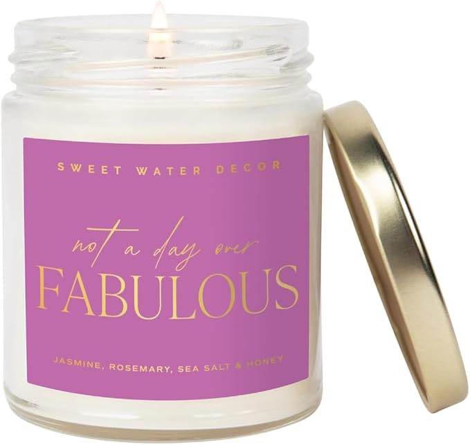 Sweet Water Decor Not A Day Over Fabulous Candle | Jasmine, Rosemary, Sea Salt, and Honey Scented Spring Soy Candles for Home | 9oz Clear Jar + Gold Lid, 40+ Hour Burn Time, Made in The USA