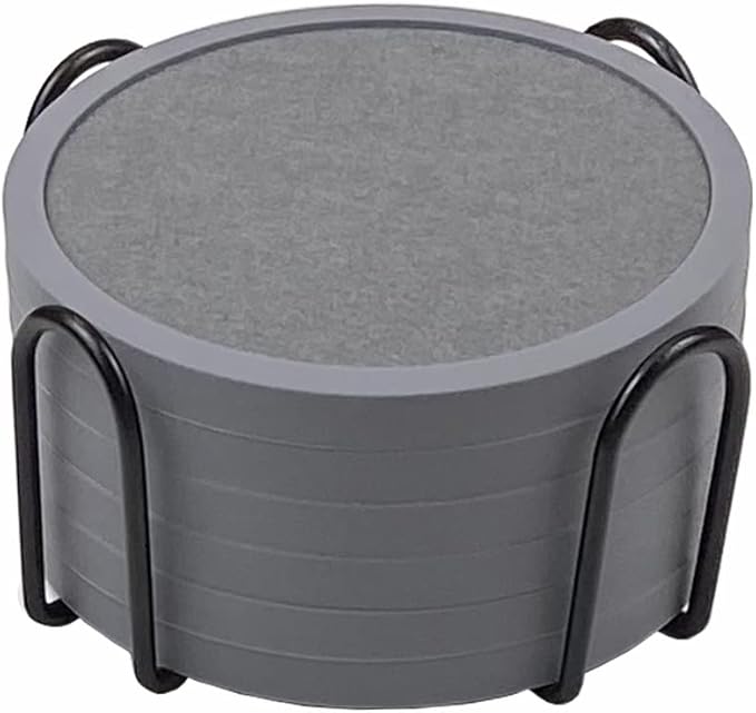 Absorbent Coasters for Drinks with Holder - 6packs, Silicone Coaster with Soft Felt Insert (4.3 inch Coasters with 4.5 inch Holder, Grey)