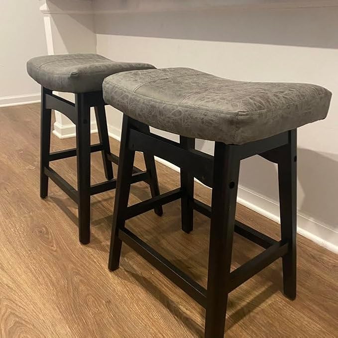 PHI VILLA Counter Height Bar Stools Set of 2 - Farmhouse Barstools with Upholstered Saddle Seat and Solid Wood Legs, Kitchen Counter Island Stools
