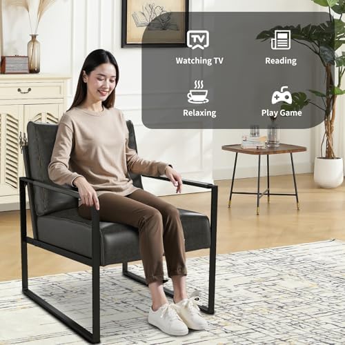 Phoenix Home PU Leather Accent Chair Set of 6, Leisure Metal Framed Armchair with Extra Soft Padded and Cushion, 105 Degree Slant Back, Modern Reading Arm Chair for Living Room/Office/Bedroom, Black
