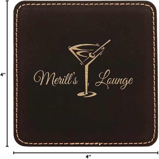 Custom Engraved Coasters | Personalized Leather Coaster | Set of 6 | Drink Coasters with Holder | Laser Engraved | Tabletop Protection | Gift for Couples (Square 4" x 4", Black w/Gold)