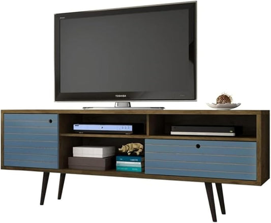 Manhattan Comfort Liberty Mid Century Modern TV Stand for Televisions up to 65 Inches, Bedroom and Living Room Entertainment Center with Storage, Shelves, and Cabinet, 71" Wide, Rustic Brown/Aqua