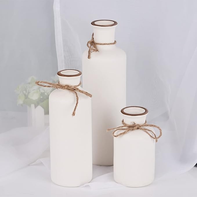 White Ceramic Vase Set - 3 Small Vases, Minimalist Decor Boho Vases, Modern Farmhouse Home Décor Accents, Living Room Centerpieces for Home Décor Room,Entryway, Bookshelf, Mantel, Shelf Décor