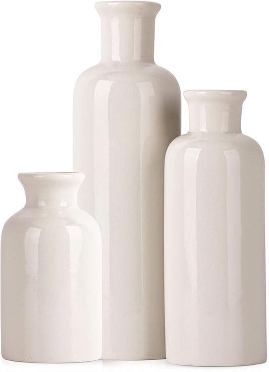 Farmhouse Decor 3 Piece Set - White Crackle Ceramic Vase for Country Home Centerpieces, Living Room, Table, Fireplace and Entrance