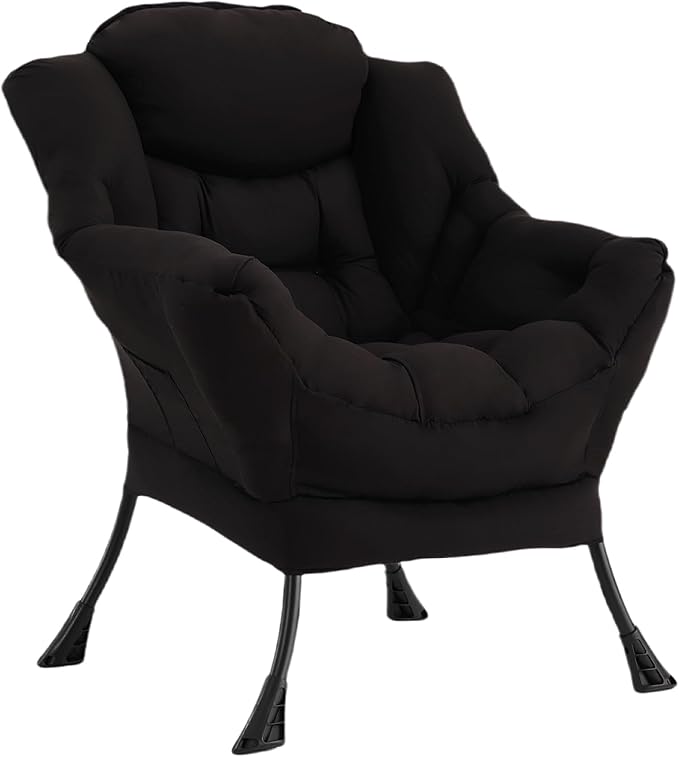 Welnow Lazy Chair for Living Room, Modern Reading Lounge Accent Chair with Armrests and a Side Pocket, Leisure Upholstered Lazy Sofa for Small Space, Bedroom, Dorm, Black