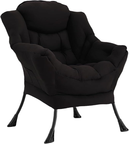 Welnow Lazy Chair for Living Room, Modern Reading Lounge Accent Chair with Armrests and a Side Pocket, Leisure Upholstered Lazy Sofa for Small Space, Bedroom, Dorm, Black