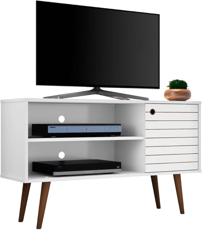Manhattan Comfort Liberty Mid Century Modern TV Stand for Televisions up to 46 Inches, Bedroom and Living Room Entertainment Center with Storage, Shelves, and Cabinet, 43" Wide, White