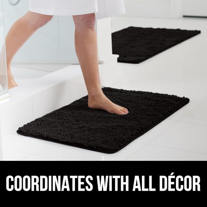 GORILLA GRIP Bath Rug Mat 30x20, Thick Soft Absorbent Chenille, Quick Dry Microfiber Mats, Rubber Backing Washable Shower Floor Rugs, Bathmat Runner, US Designed Bathroom Home Decor Accessories Black