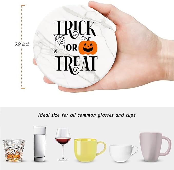 Halloween Drink Absorbent Coasters with Holder Set of 6, Ceramic Stone with Cork Base, White Marble Design with Pumpkin Pattern Coaster for Drinks, Gift for Housewarming Room Bar Home Decor Kitchen