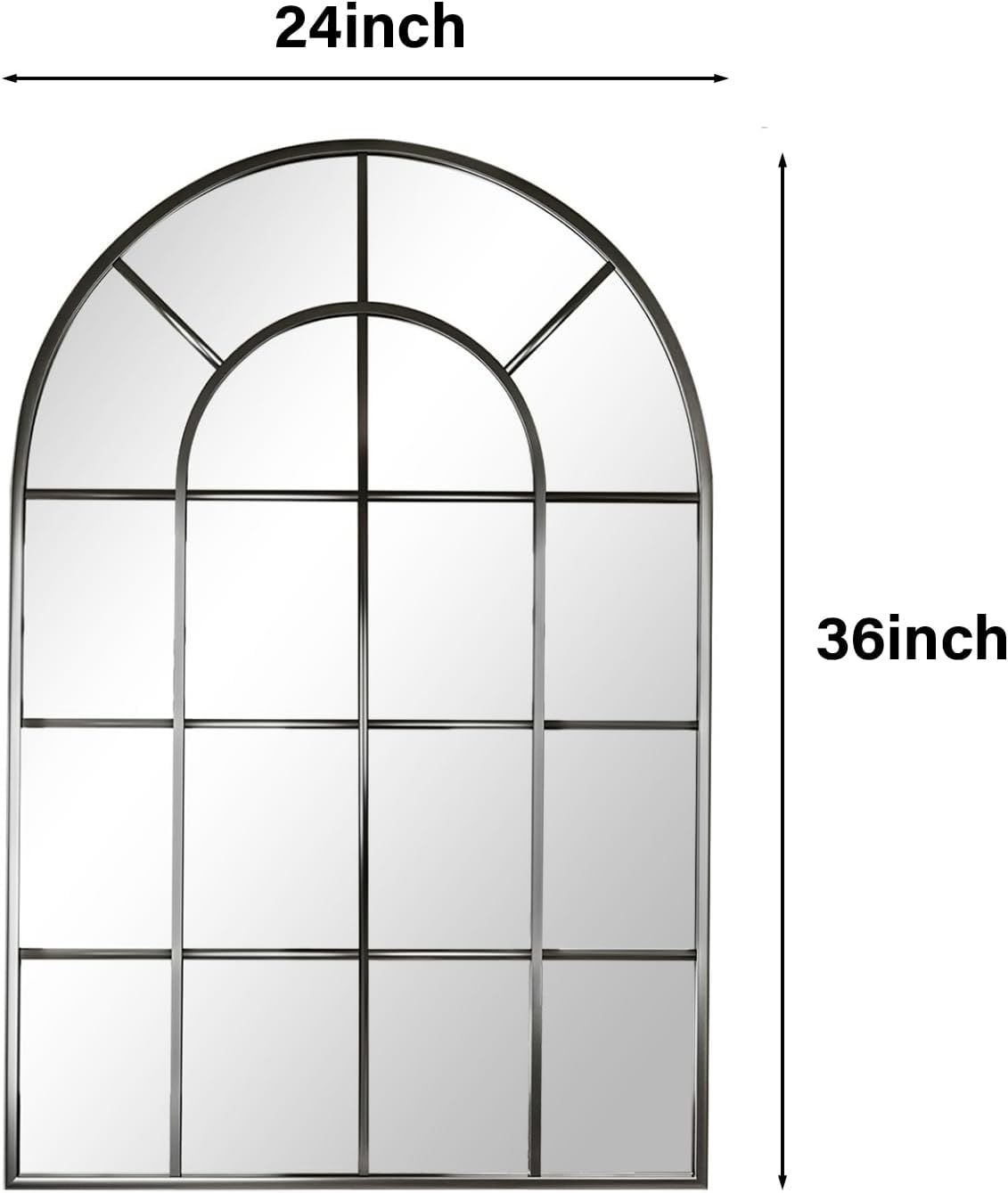 24"×36" Windowpane Arched Wall Mirror, Grid-Designed Decorative Farmehouse Wall Mounted Mirror with Metal Frame Hanging Leaning for Entryway, Living Room, Home Decor, Black