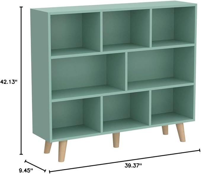 IOTXY Wooden Open Shelf Bookcase - 3-Tier Floor Standing Display Cabinet Rack with Legs, 8 Cubes Bookshelf, Tiffany-Green