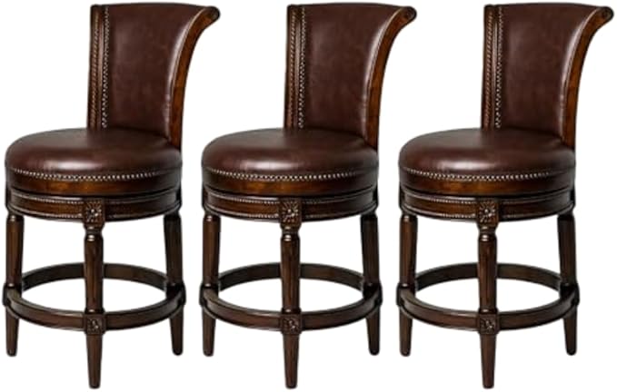 Maven Lane Pullman Counter Stool 26 Inches – Set of 3 – Swivel Stools with Footrest – Brown Solid Wood Frame & Brown Faux Leather Upholstery – Perfect for Kitchen Islands & Counters