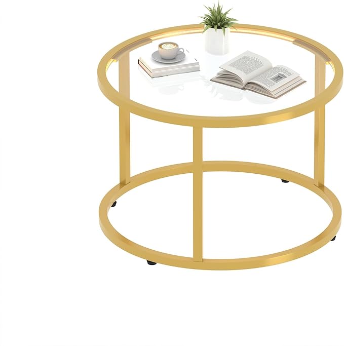 Glass Coffee Table Modern Center Table,Minimalist Round Coffee Tea Table with LED Lights,Simple Tea Cocktail Modern Center Tables for Home, Office, Bedroom,Gold