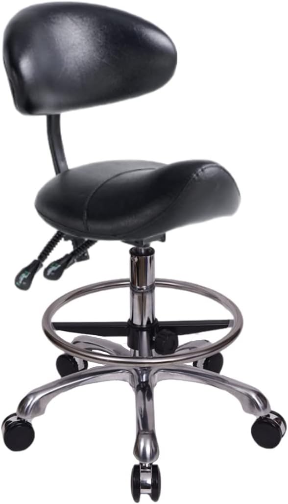 Saddle Stool Chair with Backrest and Foot Ring, Ergonomic Rolling Esthetician Seat for Salon, Tattoo Shop, Spa, Facial lash Home, Dentist Clinic, Esthetician Chair, Black