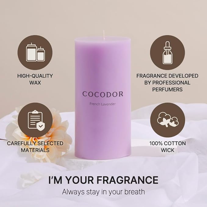 COCODOR Scented Pillar Candles, 3x6 Inch, French Lavender, Candle Set of 3, Long Buring 85 Hours, Candles for Weddings, Party, Dinner, Home Decor.