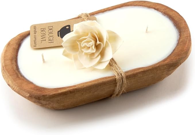 Dough Bowl Candle Co. Gardenia Tuberose Soy Candle - 3 Wick Rustic Farmhouse Coffee Table Decor, Odor Eliminator in Wooden Bowls, 20 Ounce Wooden Dough Bowl Candle, All-Natural Gifts for Women or Men