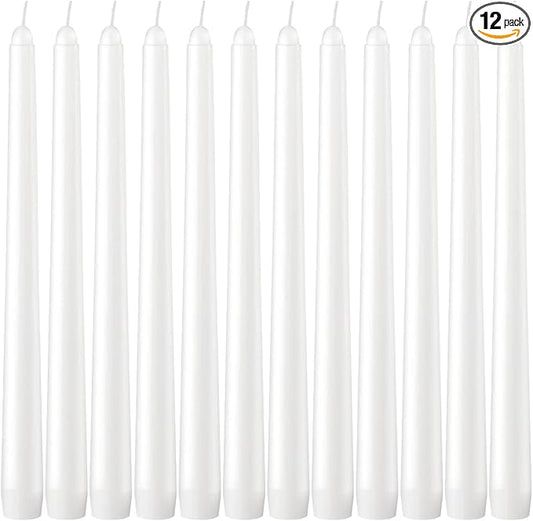 Dripless Taper Candles - Unscented White Candles Bulk - Candle Sticks Long Burning 7.5-8 Hours - for Candlesticks, Dinner Table, Vigil, Advent, Christmas, Thanksgiving, Kwanzaa - 12 Pack,10 Inch Tall