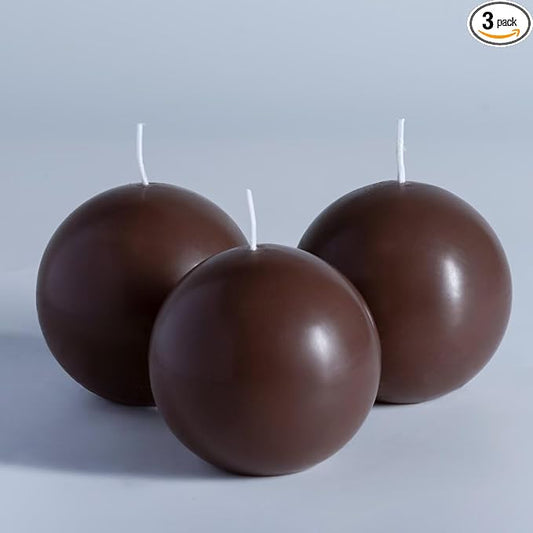 MOZEAL Hand-Poured, 3 Inch Brown Round Ball Candles - Elegant Brown Round Pillar Candles Set of 3, Dripless, Unscented, Smokeless, Ideal for Autumn Gatherings.