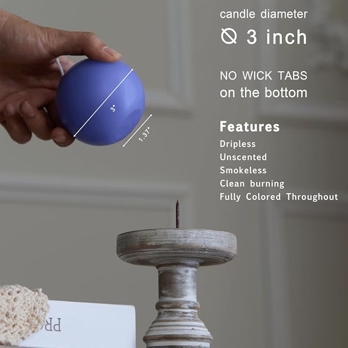 MOZEAL Hand-Poured, 3 Inch Periwinkle Round Ball Candles - Elegant Periwinkle Round Pillar Candles Set of 3, Dripless, Unscented, Smokeless, Ideal for Spring Celebrations.
