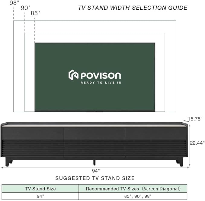 POVISON Fully-Assembled Mid Century Glossy Sintered Stone TV Stand with Legs, Wood Media Console with Adjustable LED Light, Entertainment Center with Storage for Living Room