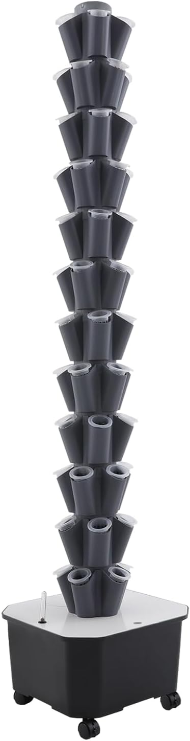 12-Tier Hydroponic Growing Tower, 60-Plant Indoor Gardening System w/Automatic Water Circulation, Vertical Aeroponic Tower Garden for Herbs, Vegetables, Fruits (Grey, 60-Plants)