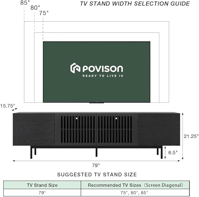 POVISON Full Assembled Mid-Century Modern TV Stand with Slatted Doors, Wood Media Console for 75 Inch TV, TV Console with Tall-cast Metal Legs, Entertainment Center with Storage for Living Room