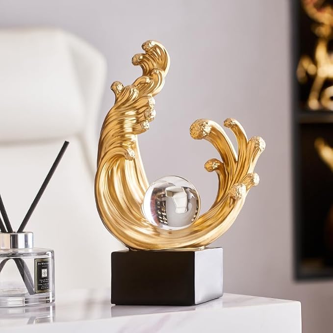 Modern Abstract Decorative Wave Statue, Gold Abstract Art Home Decor,Crystal Ball Art Wave Resin Sculpture, Office Desk Stand, Dining Table Center Decorative Aesthetics(A,Gold)