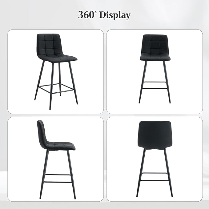 Black Barstools Set of 4, 24.4" Counter Height Bar Stools with Back & Metal Footrest, Modern Island Chairs Set of 4 for Kitchens Island Home Bar