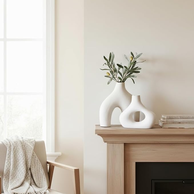 Carrot's Den Donut Vase, Set of 2 - White Large Ceramic Vase - Minimalist Nordic, Hollow | Table Centerpiece, Olive Plant, Wedding, Living Room, Bookshelf, Office, Modern Home, Entryway, Console