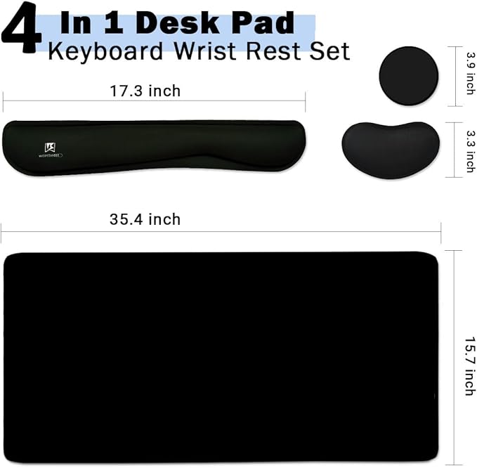 4-in-1 Large Gaming Mouse Pad, Keyboard Wrist Rest Pad & Wrist Support Mousepad Set, Extended Desk Pad Waterproof Desk Mat for Home Office Study Game-Black