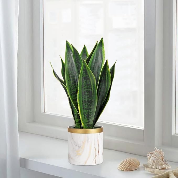 Briful Fake Snake Plant 16" Faux Potted Plant Artificial Snake Plant with White Ceramic Pot Sansevieria Plant Perfect for House Modern Living Room Office Housewarming Gift Indoor Decor