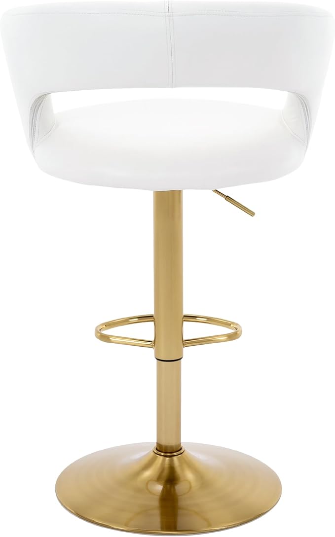 Brage Living Wide Bar Stool, Modern PU Leather Swivel Adjustable Barstool with Hollow Back and Arms, Upholstered Airlift Counter Height Bar Chair for Kitchen Dining (Pearl White, Gold Base)